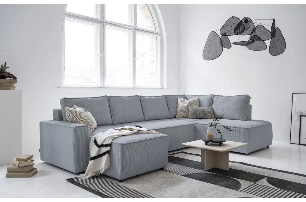 Svetlosivá menčestrová rozkladacia rohová pohovka (pravý roh/do tvaru "U") Brave Dave – Miuform