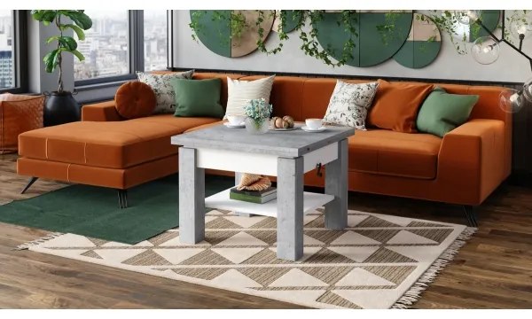 Rozkladací konferenčný/jedálenský stôl so zdvíhacou doskou CALEB sivý betón/biela