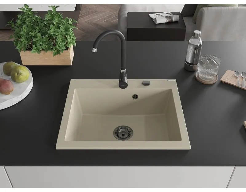 Mexen Elix, 1-korový granitový drez 600 x 500 mm, béžová, čierny sifón, 6525601005-69-B