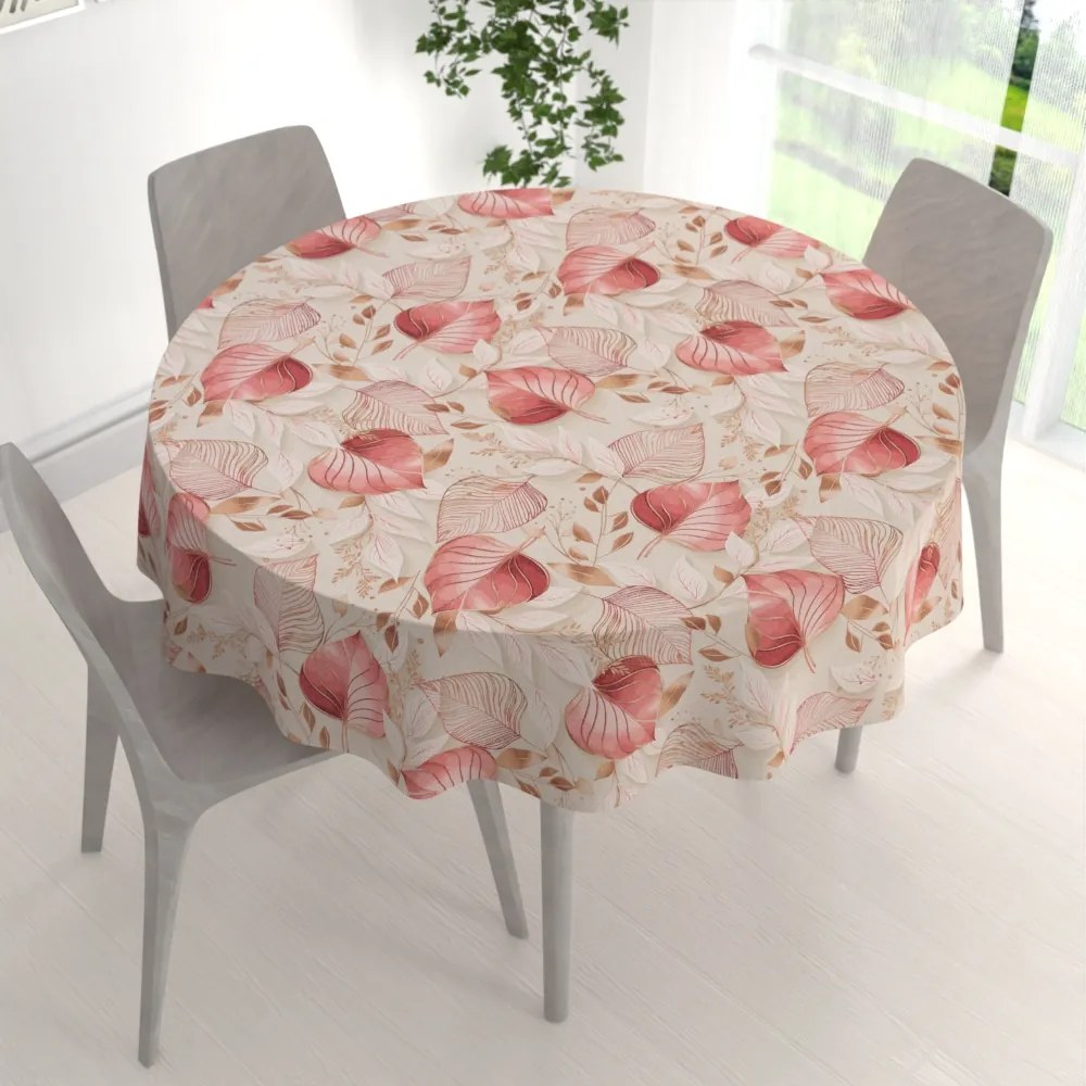 Biante Veľký dekoračný okrúhly obrus Leona LN-172 Ružovo-vínové listy na režnom Ø 210 cm