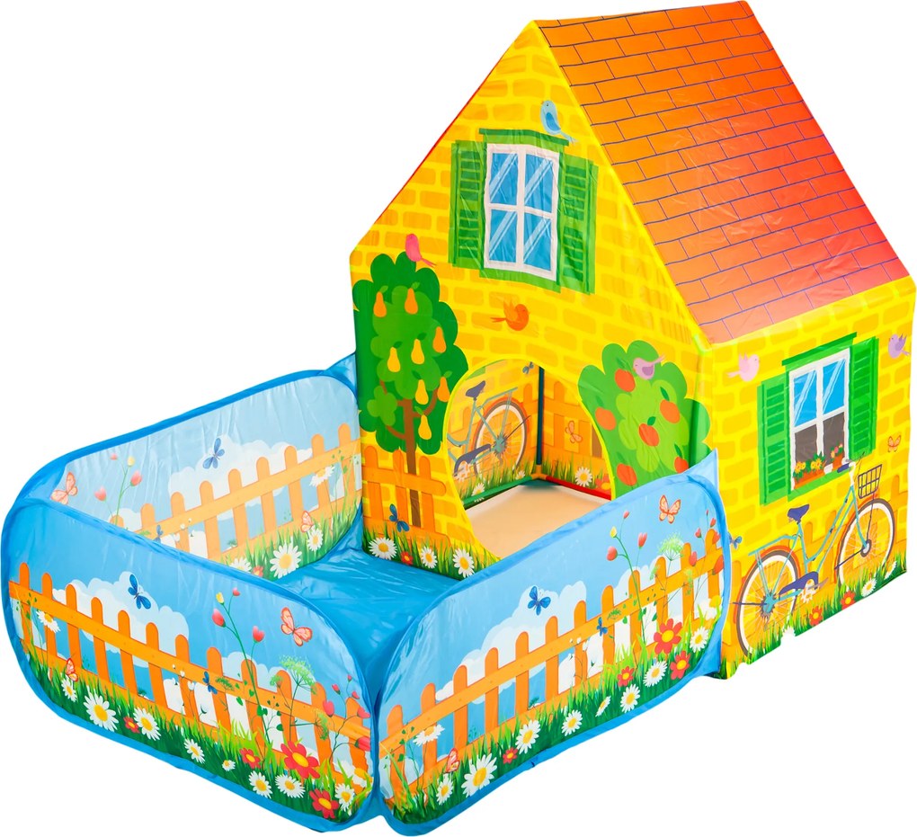Detský stan IPLAY domček Farma – suchý bazén, 90×150×110 cm, 2 vchody, od 3 rokov