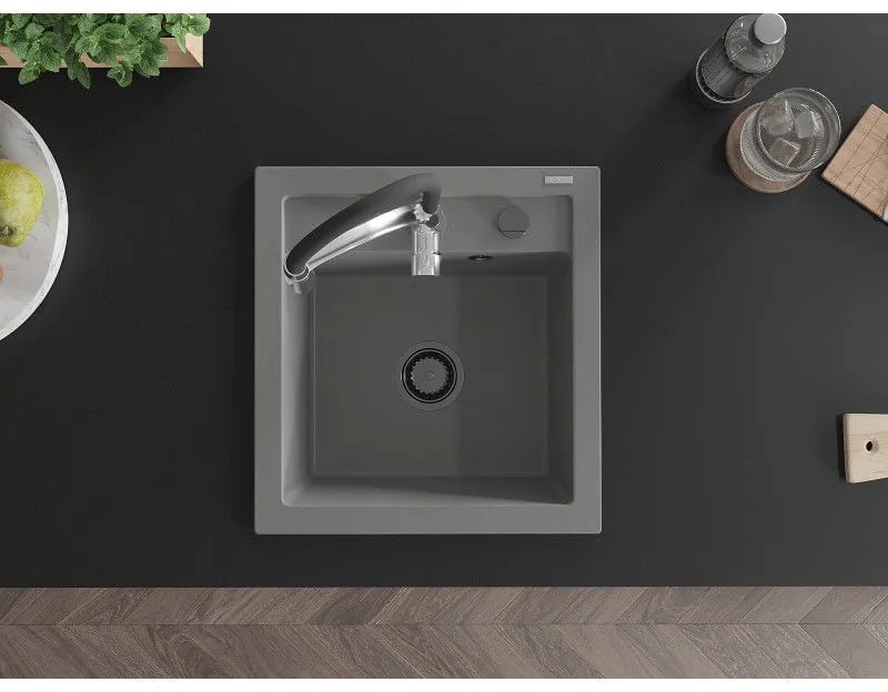 Mexen Vito, 1-komorový granitový drez 490x520x210 mm a drezová batéria Aster, šedá, 6503-71-73450-07-B