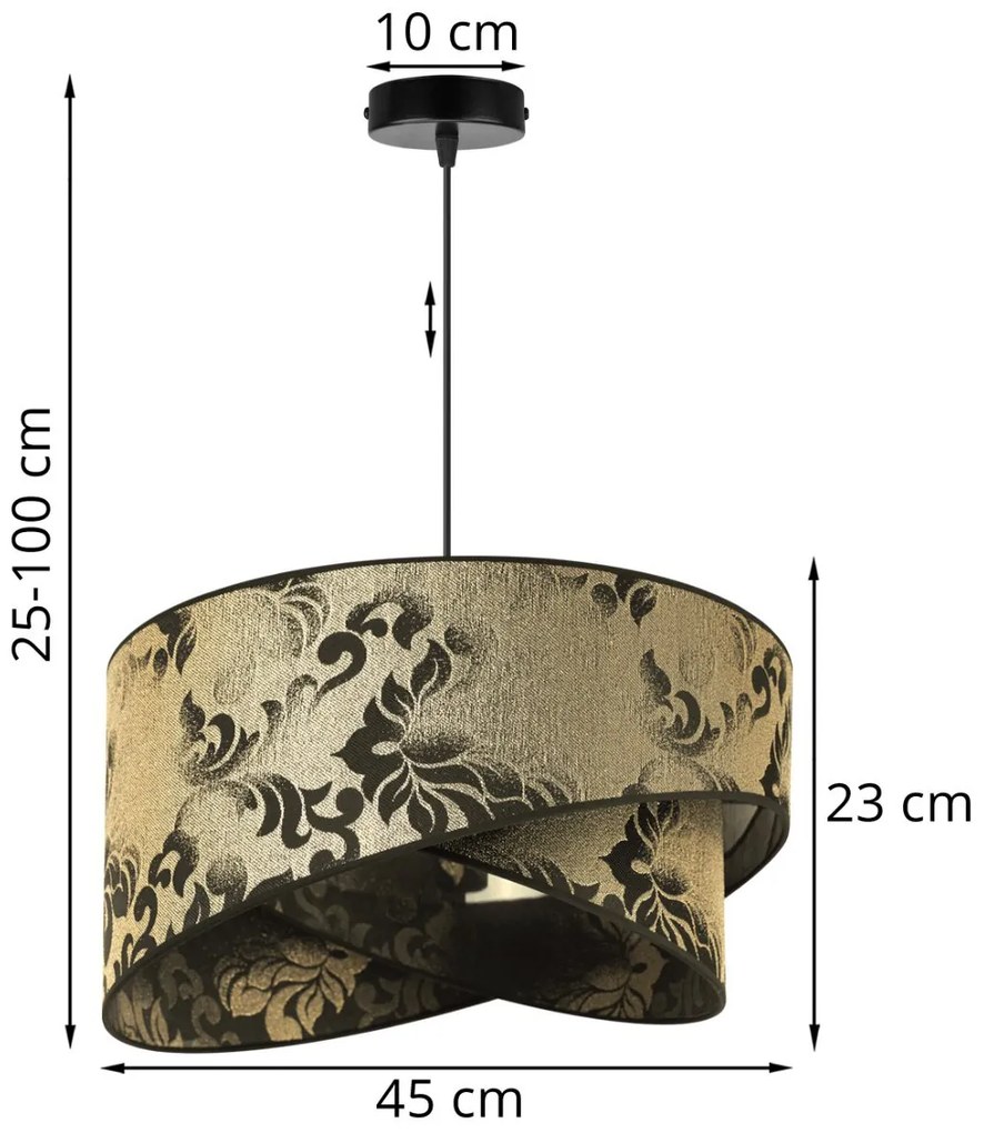 Závesné svietidlo Werona 1, 1x čierne/zlaté textilné tienidlo so vzorom