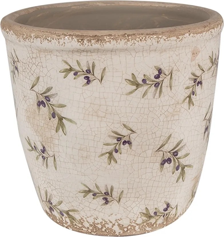 Béžový antik obal na kvetináč s olivami Olive Fields M - Ø 14*13 cm