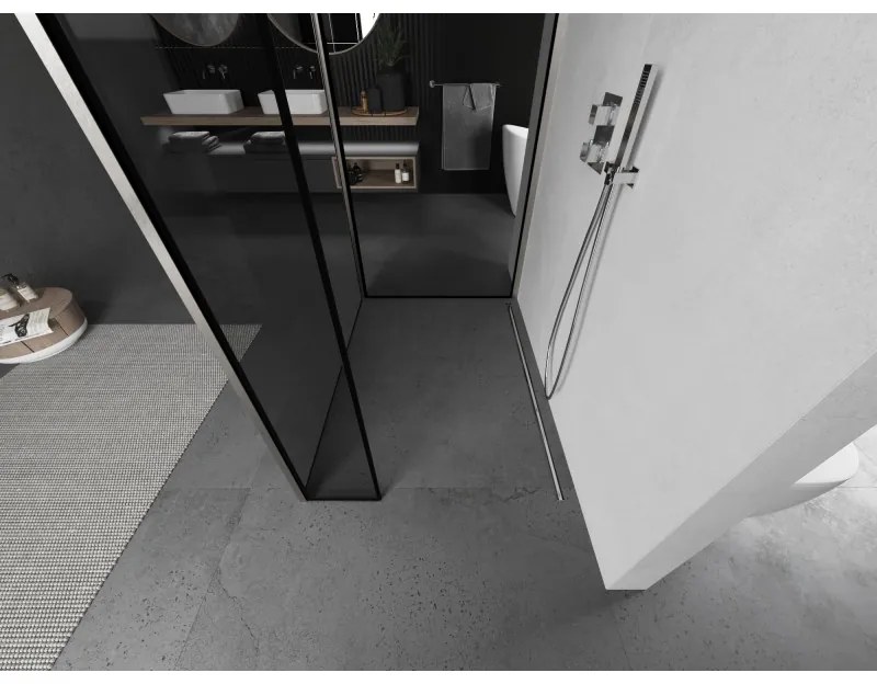 Mexen Kioto, 3-stenová sprchová zástena Walk-In Walk-in 130 x 120 x 30 cm, 8mm číre sklo čierny vzor, brúsená oceľ profil, 800-130-120-221-97-70-030