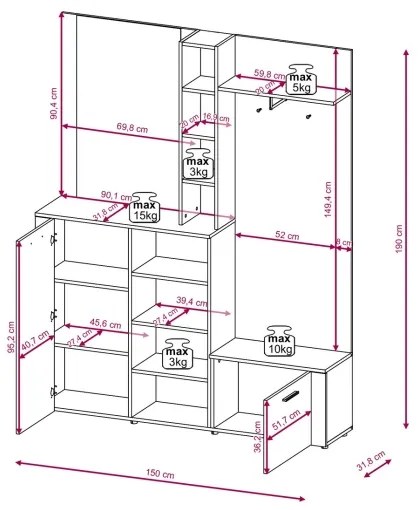 Predsieňová stena so zrkadlom KEVIN hnedá/biela