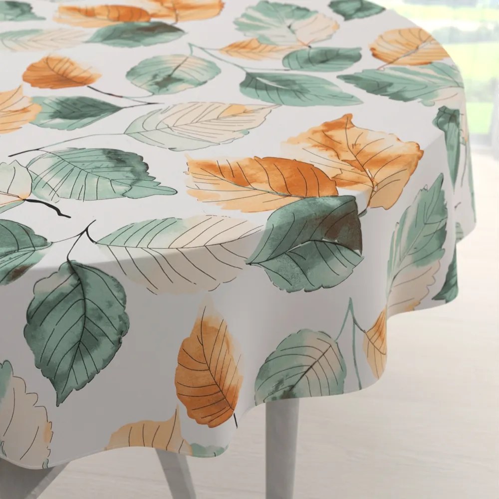 Biante Bavlnený okrúhly obrus Sandra SA-748 Hnedo-zelené akvarelové listy na bielom Ø 40 cm