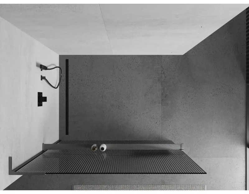 Mexen Kioto+ L, sprchová zástena Walk-In s poličkou a vešiakom 100 x 200 cm, 8mm sklo s rebrovým vzorom, grafitový profil, 800-100-123-66-09