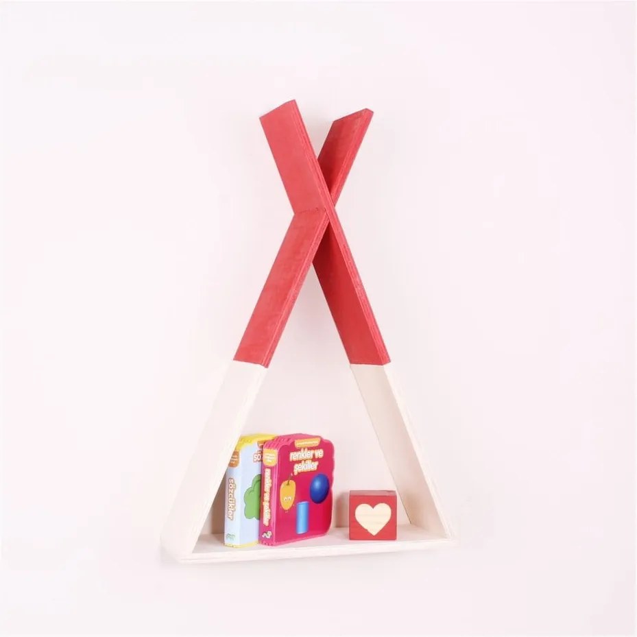 Červená drevená nástenná polička North Carolina Scandinavian Home Decors Teepee, výška 45 cm