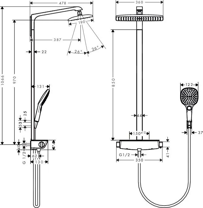 Hansgrohe Raindance Select E, sprchový set Showerpipe 360 s termostatom, EcoSmart 9 l/min, chrómová, HAN-27286000