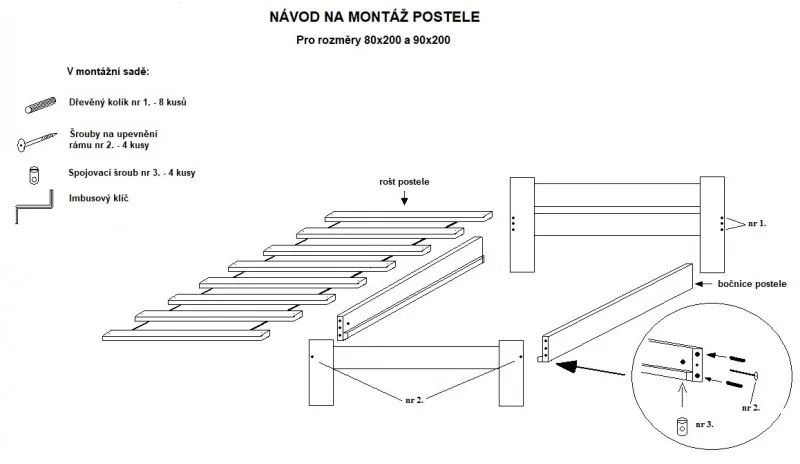 Eureka posteľ  „GABRIELA”  z prírodného dreva vrátane roštu svetlý lak 120 x 200