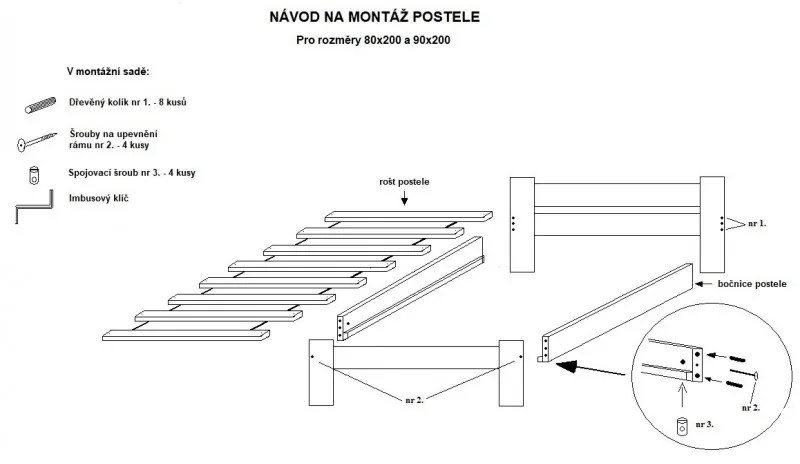 Eureka Postele „GABRIELA” z přírodního dřeva včetně roštu tmavý lak 120 x 200
