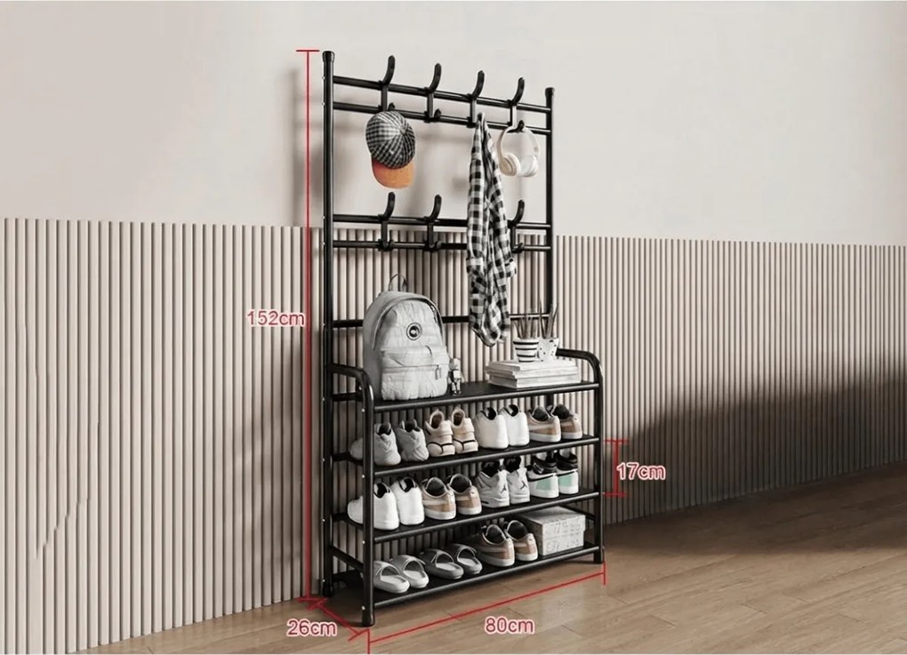 Vešiak s botníkom CLOTHORY 80x152 cm, čierny