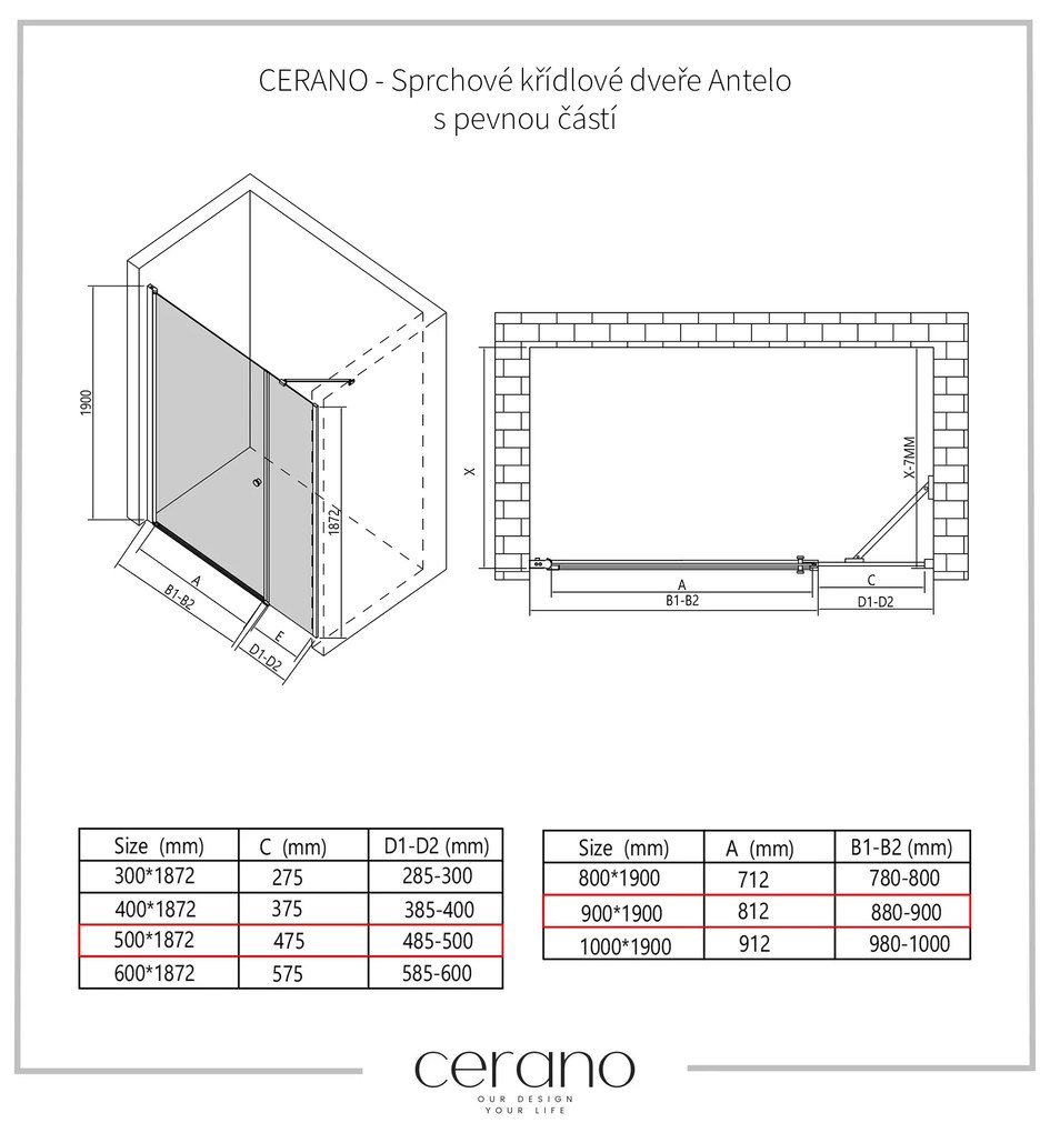 Cerano Antelo, 1-krídlové sprchové dvere s pevnou časťou 90(dvere) x 50(stena) x 190 cm, 6mm číre sklo, čierny profil, CER-CER-435812