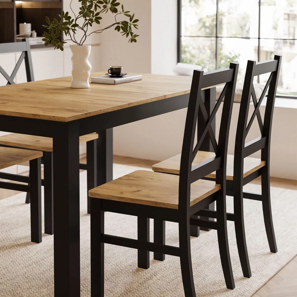 ROZKLÁDACÍ JEDÁLENSKÝ STÔL DANILO ČIERNY + DUB CRAFT ZLATÝ 140 / 195 cm + 4 STOLIČKY