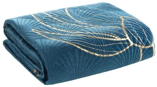 Dizajnový prehoz na posteľ LOTOS modrej farby so zlatým motívom