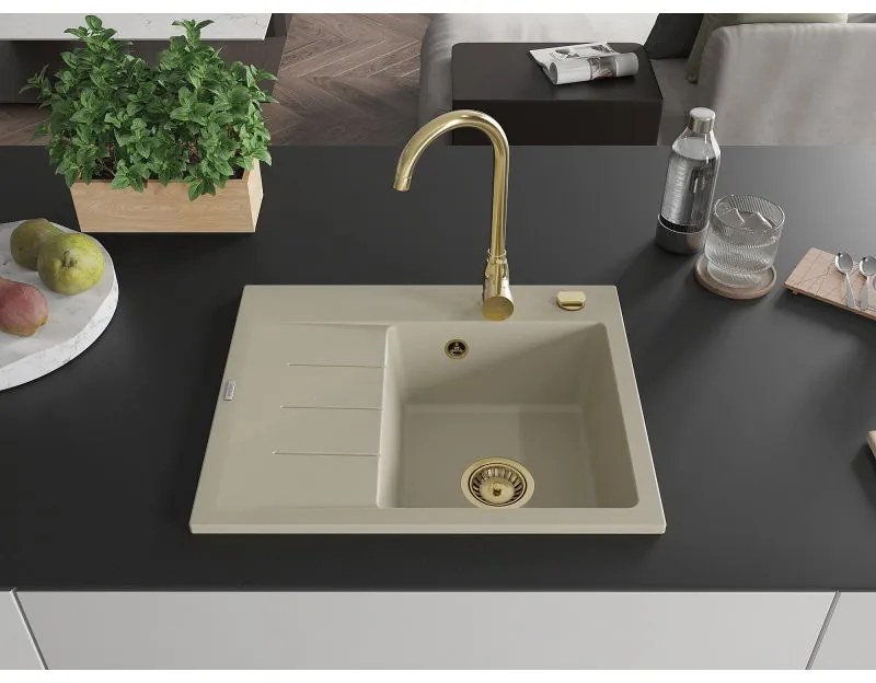 Mexen Ben, 1-komorový granitový drez 600x500x190 mm, pravý + zlatý sifón, béžová, 6523605000-69-G