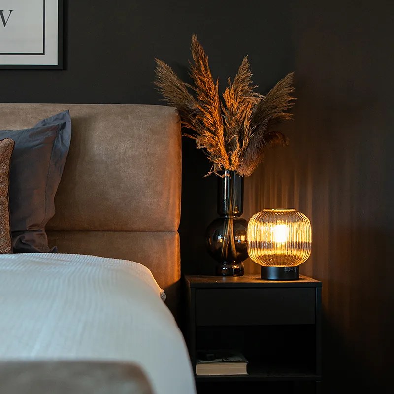 Stolná lampa v štýle Art Deco čierna s dymovým sklom - Karel