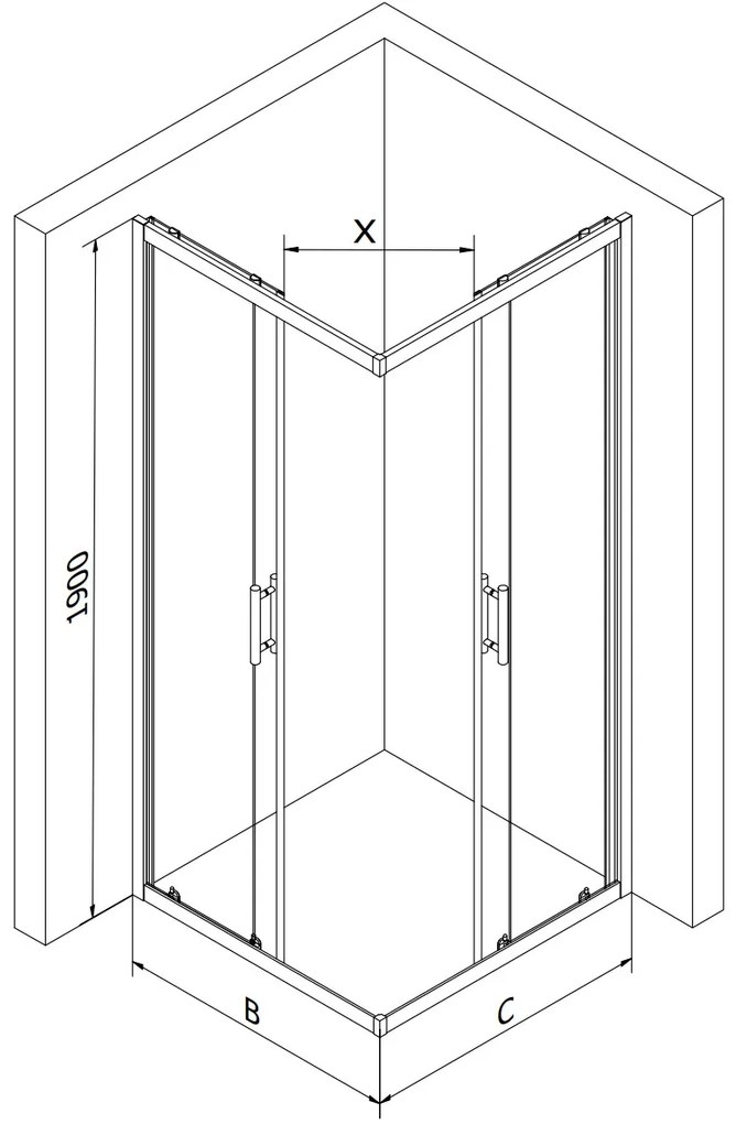 Mexen Rio, štvorcový sprchovací kút s posuvnými dverami 70(dvere) x 70(dvere) x 190 cm, 6mm číre sklo s pásikmi, chrómový profil, 860-070-070-01-20