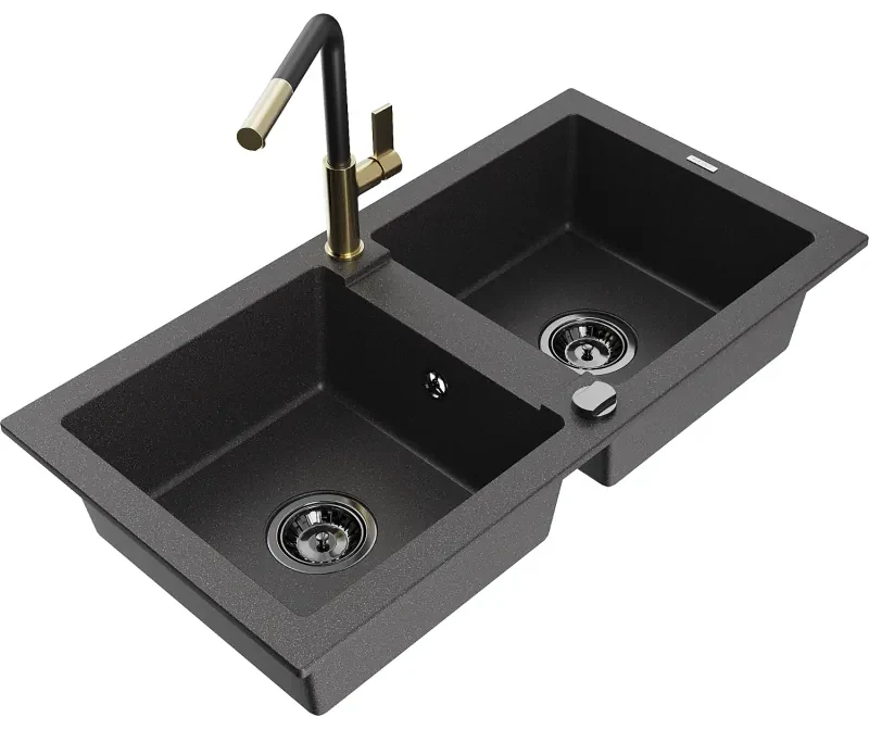 Mexen Mario, 2-komorový granitový drez 820x436x161 mm a drezová batéria Flora, čierna škvrnitá, 6504-76-670401-57-B