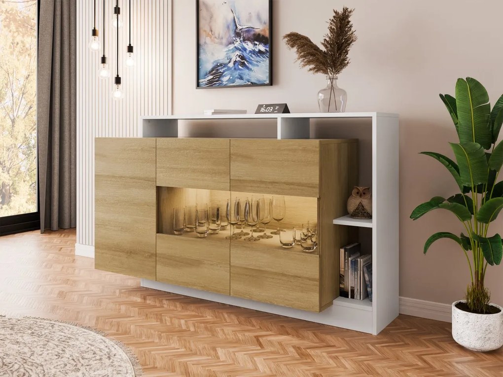 Komoda Tauron, Farby: biela / dub grande, Osvetlenie: osvetlenie LED