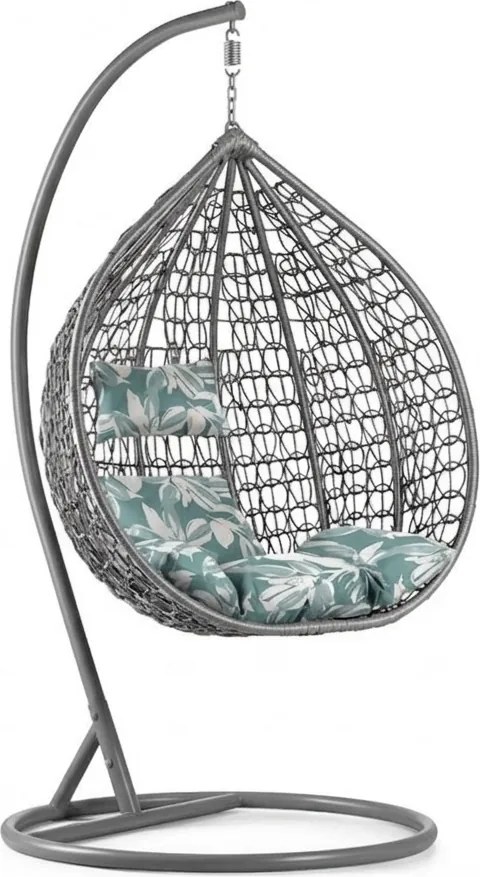 Sivé závesné kreslo KOKON so stojanom, zeleno-biely vankúš