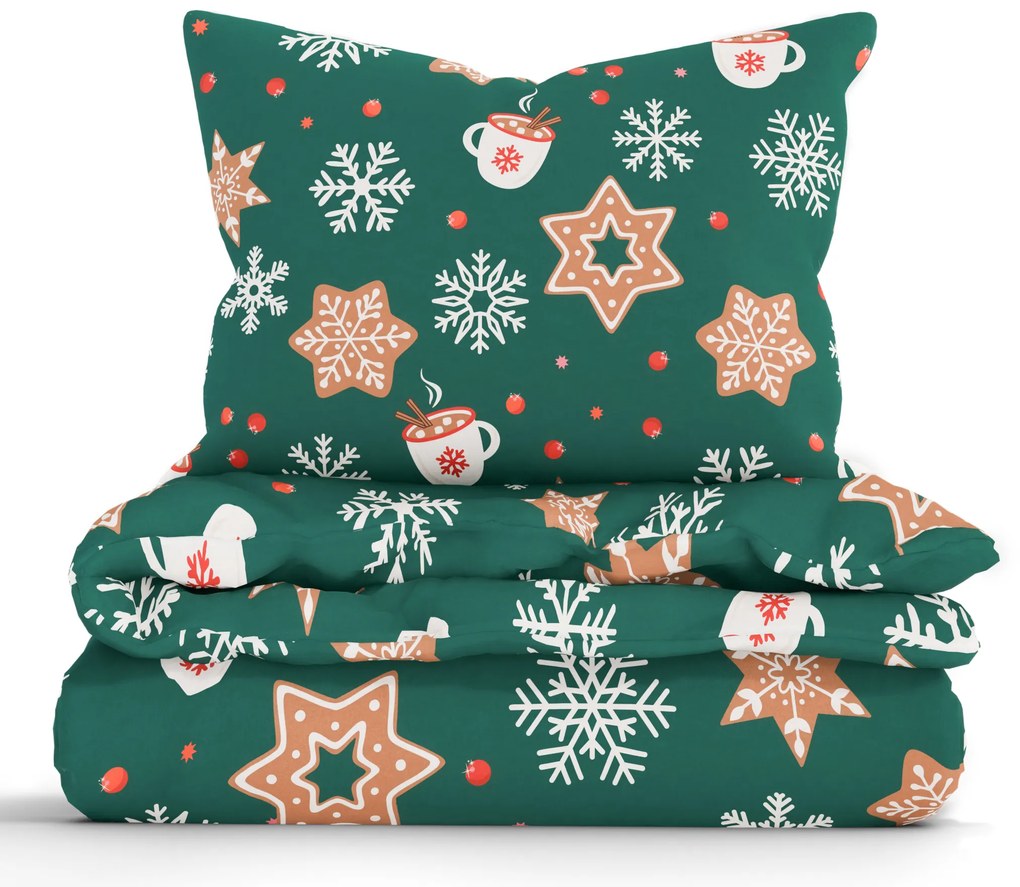 Vianočné predĺžené bavlnené obliečky Renforcé - Vianočný perníček zelené
