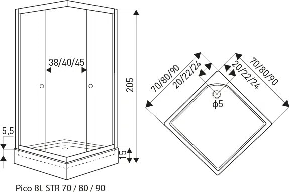 Novoterm Štvorcový sprchový kút NV-Pico STR 90x90 čierna/transparent + vanička