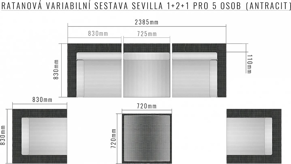 Deokork Ratanová variabilná zostava SEVILLA 1+2+1 pre 5 osôb (antracit)
