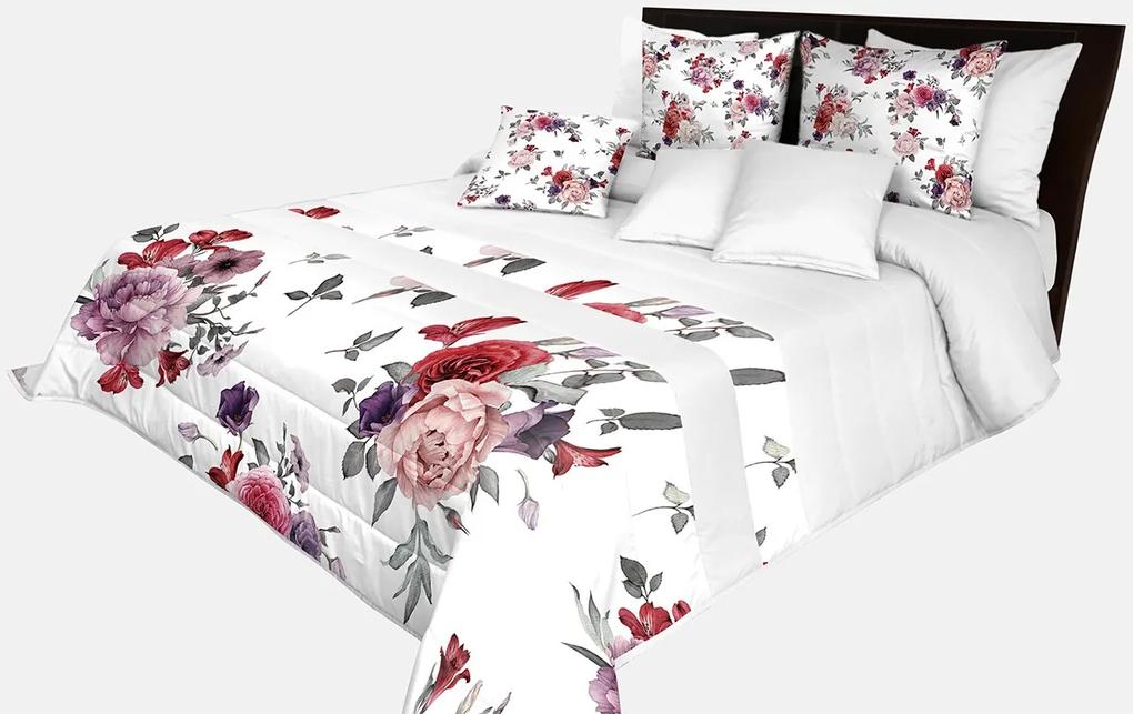 Romantický prehoz na posteľ v bielej farbe s nádhernými ružovo-fialovými kvetinami