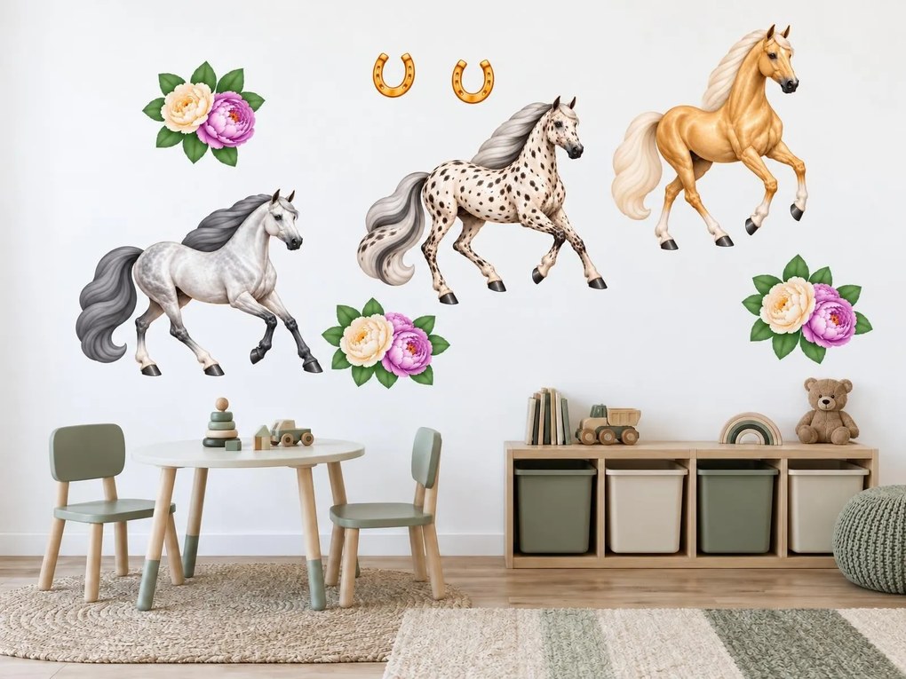 Tri kone v kluse s pivonkami romantické koňské nálepky na stenu arch 46 x 34 cm