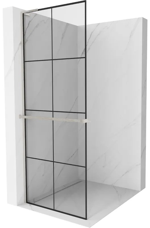 Mexen Kioto+ L, sprchová zástena Walk-In s poličkou a vešiakom 80 x 200 cm, 8mm číre sklo čierny vzor, brúsená oceľ profil, 800-080-123-97-77