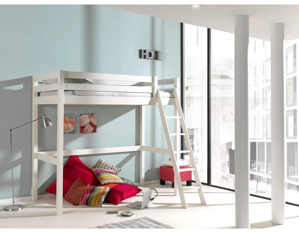 Biela vyvýšená detská posteľ z borovicového dreva s úložným priestorom 90x200 cm PINO – Vipack