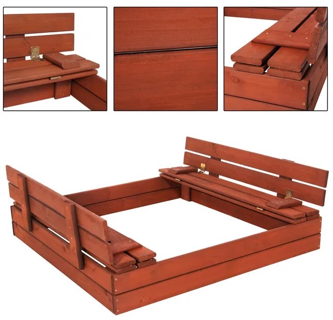 SPRINGOS Uzavreté drevené pieskovisko s lavičkami 120x120 cm – impregnované drevo, s plachtou a netkanou textíliou SBP120SET02