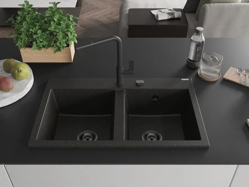 Mexen Hektor, 2-komorový granitový drez 800x480x205 mm, čierna-zlatá metalíza, grafitový sifón, 6521802000-75-B