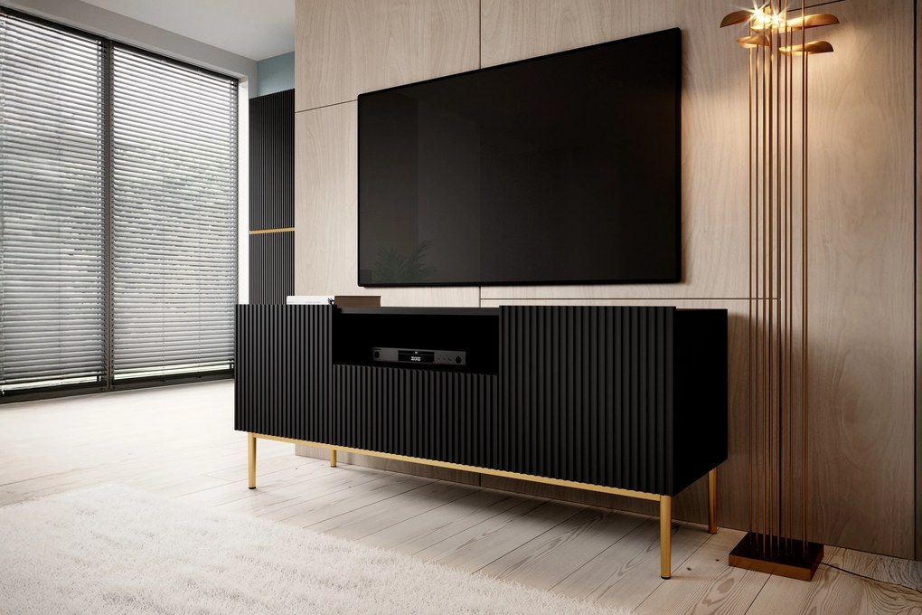 TV stolík Nicole 150 cm s otvorenou policou - čierny mat / zlaté nožičky