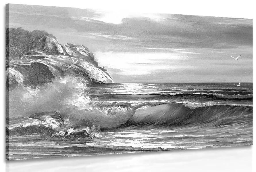 Obraz ráno na mori v čiernobielom prevedení