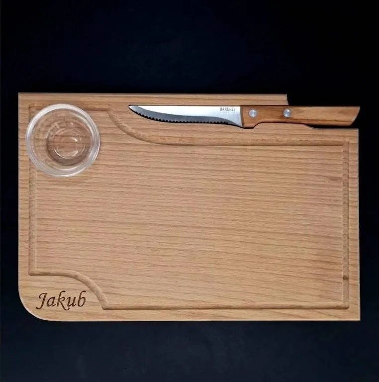 AMADEA Drevená doštička na steak s nožom a miskou, masívne drevo, 30x20x1, 5 cm