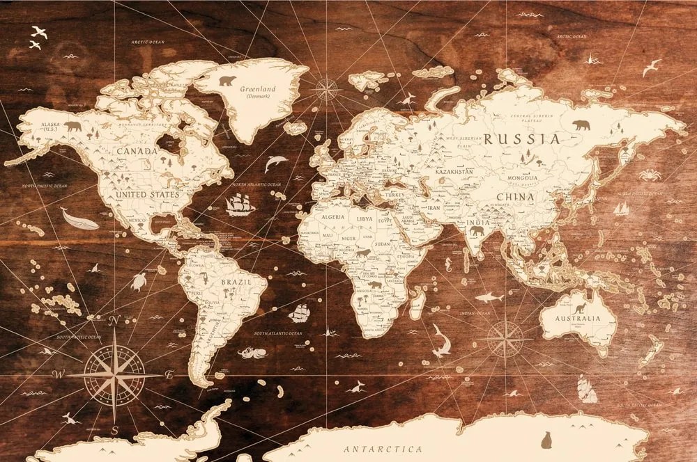 Tapeta historická mapa sveta na drevenom pozadí