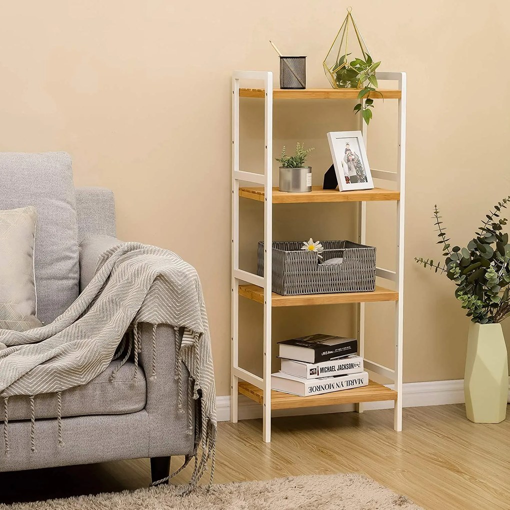 Bambusový stojan so 4 policami, regál, prírodná a biela farba