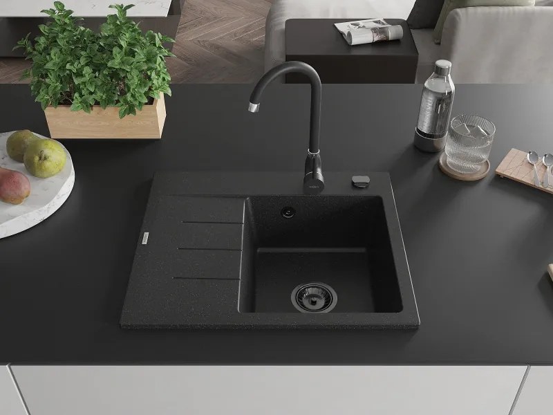 Mexen Ben, 1-komorový granitový drez 600x500x190 mm, pravý + čierny sifón, čierna-strieborná metalíza, 6523605000-73-B