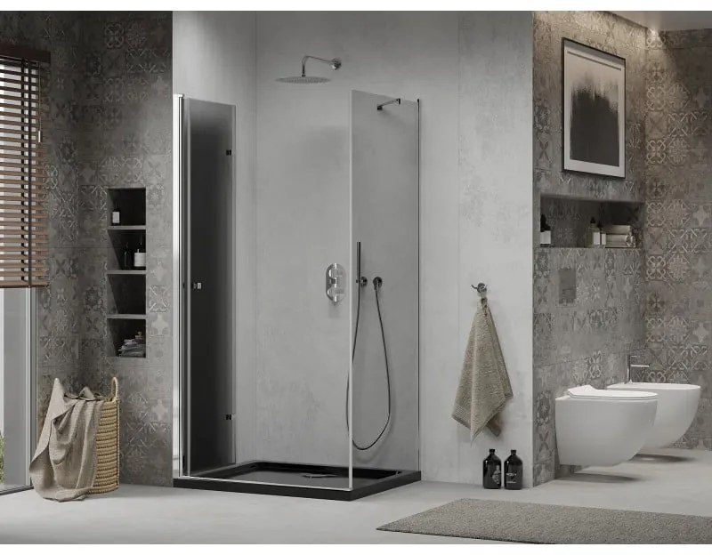 Mexen Lima, sprchový kút so skladacími dverami 90 (dvere) x 120 (stena) cm, 6mm šedé sklo, chrómový profil + slim sprchová vanička čierna + chrómový sifón, 856-090-120-01-40-4070
