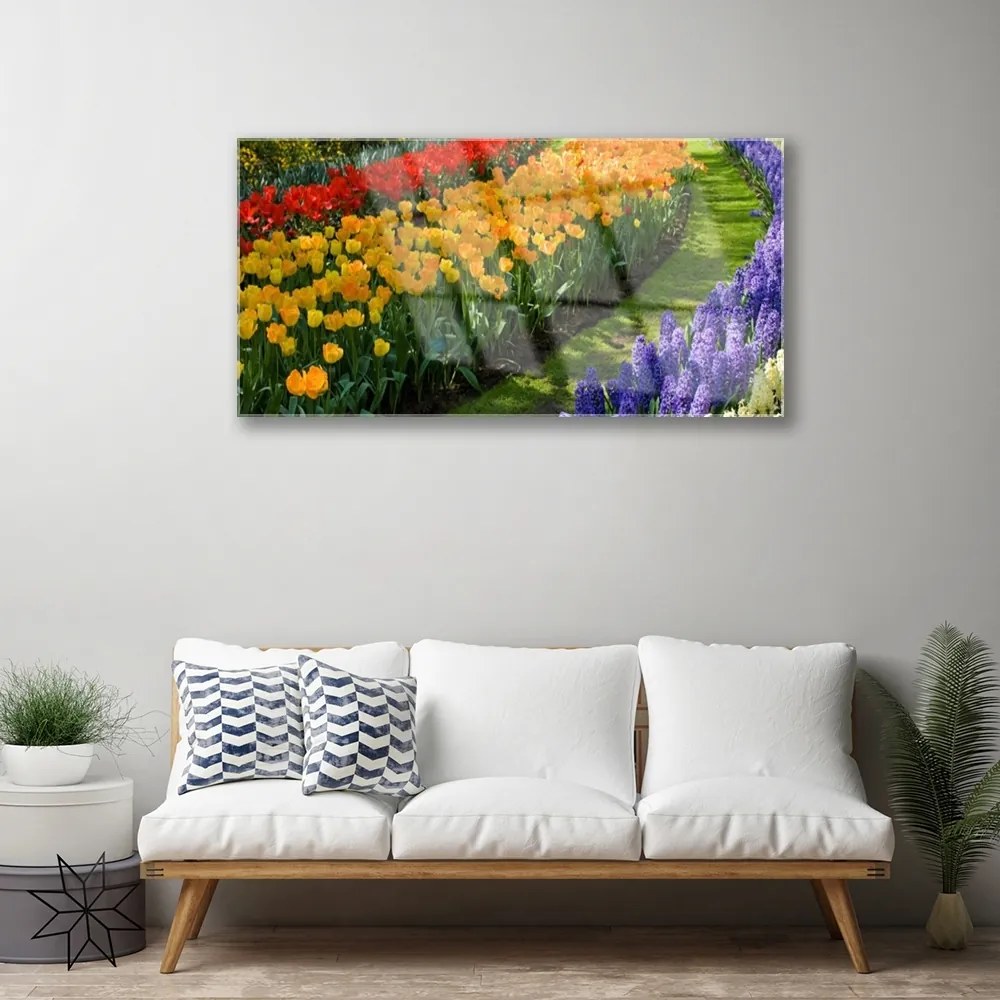 Skleneny obraz Kvety záhrada tulipány 140x70 cm