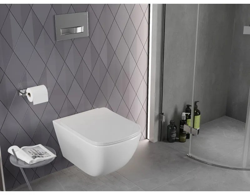 Mexen Timo, závesná WC misa 555x370x335 mm, Rimless Tornádo + WC sedadlo z duroplastu, biela lesklá, 30650200T