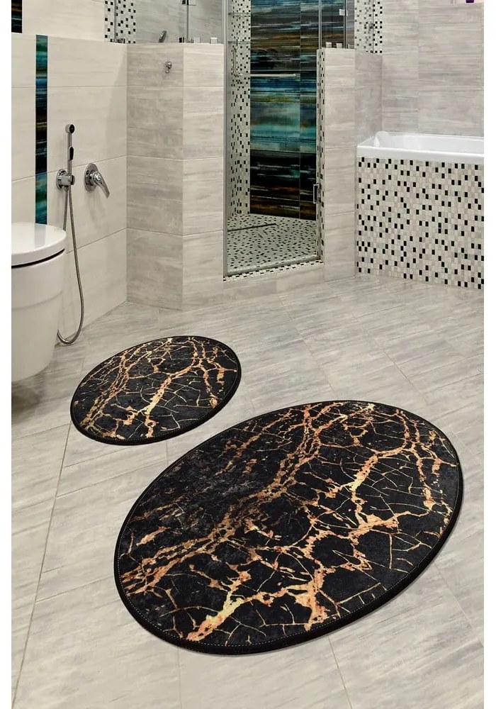 Súprava 2 čiernych oválnych kúpeľňových predložiek Foutastic Gold Marble