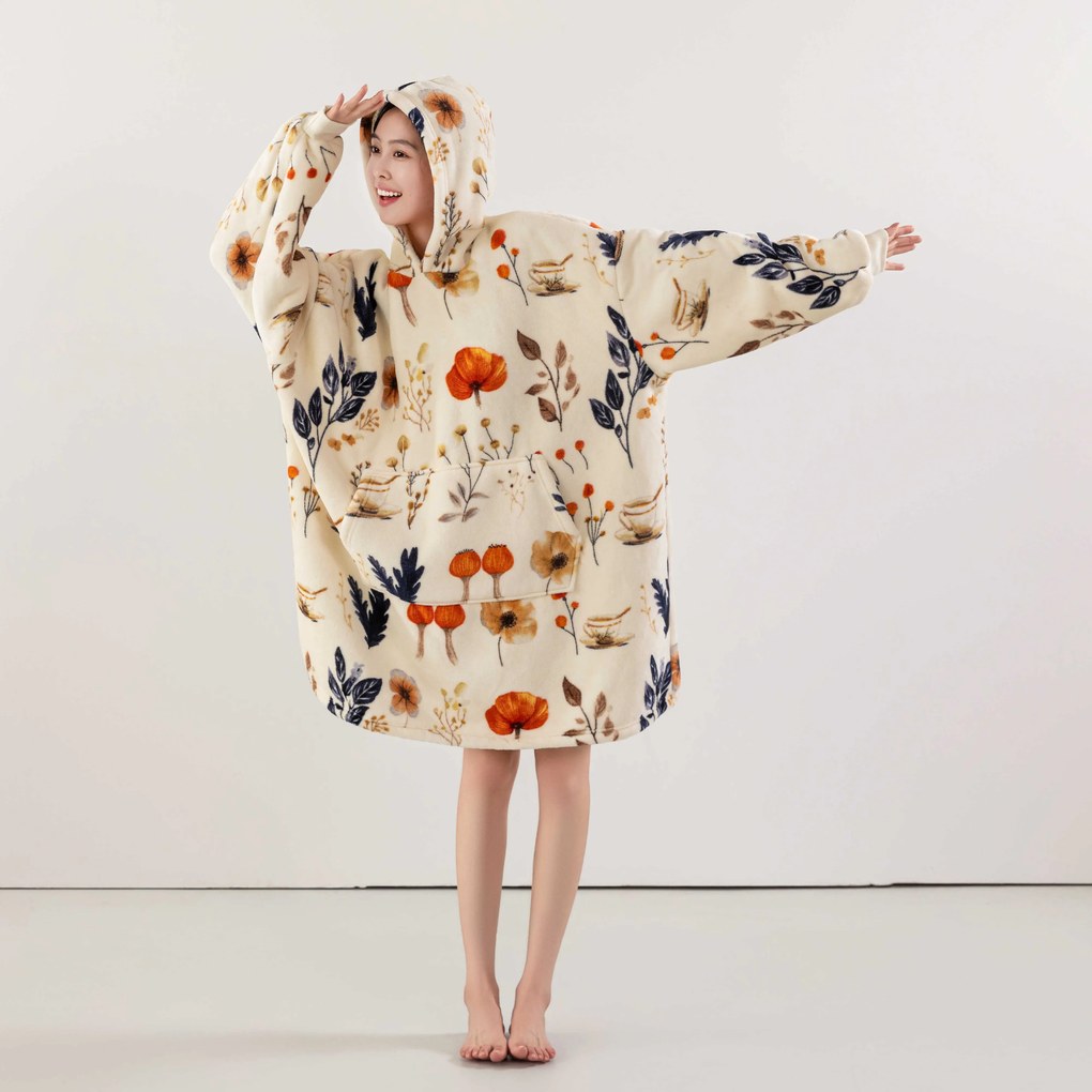 Baránková mikinová deka s rukávmi a kapucňou PAPAVA, krémová