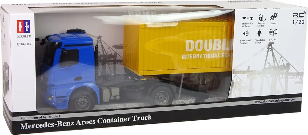Double E Veľké RC nákladné auto Mercedes Arocs modré 1:20 kontajner 58 cm