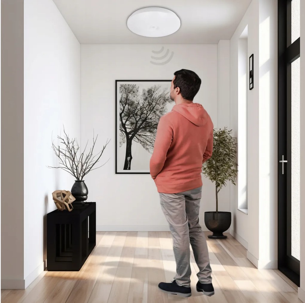 BERGE Stropný LED panel, prisadený, 2x E27, okrúhly, s CLIO senzorom pohybu a súmraku