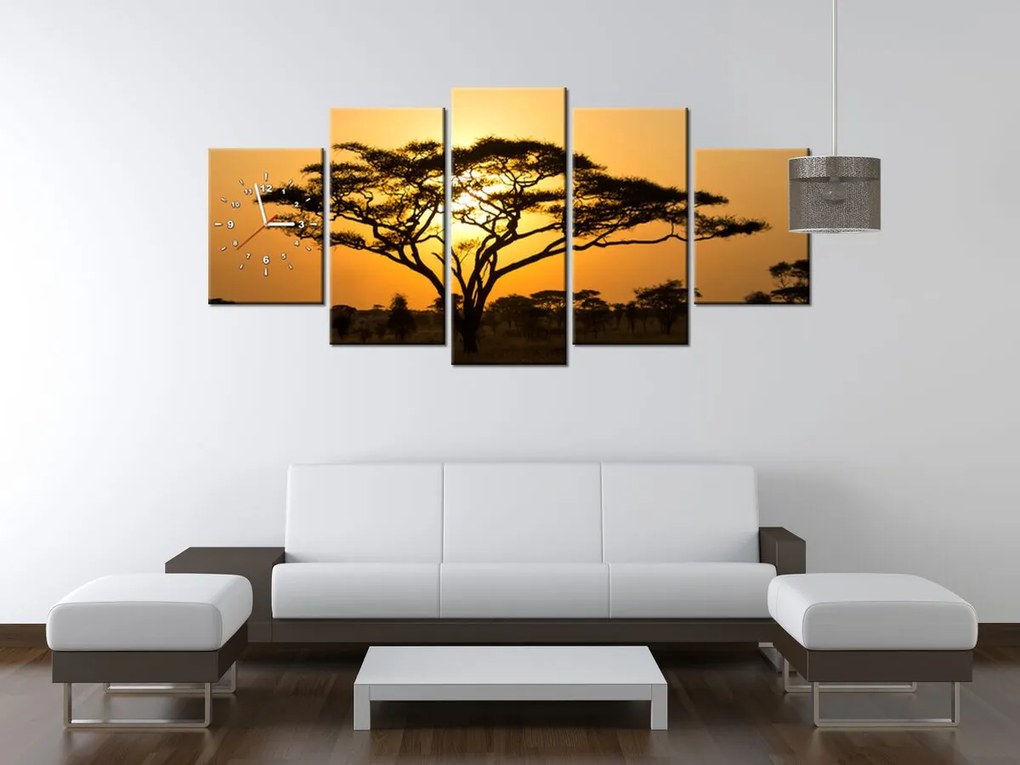 Gario Obraz s hodinami Akácia v Serengeti - 5 dielny Rozmery: 150 x 70 cm