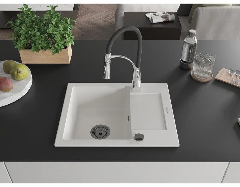 Mexen Enzo, 1-komorový granitový drez 576x465x174 mm a drezová batéria Aster, biela, 6506-20-73450-07-B